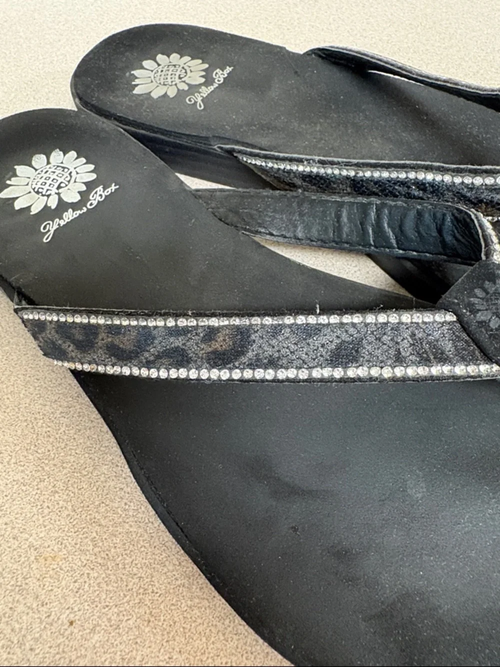 Yellow Box Black Rhinestone Trim Flip Flops - Picture 2 of 4
